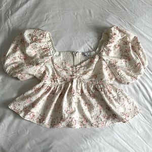 Brand New English Factory White and Pink Floral Puff Sleeve Top Small